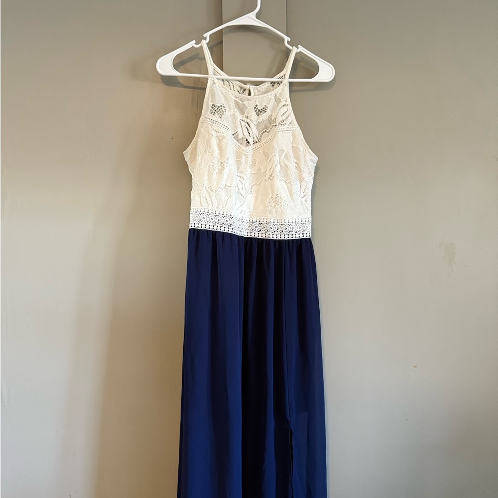Iz Byer White Lace and Navy Dress